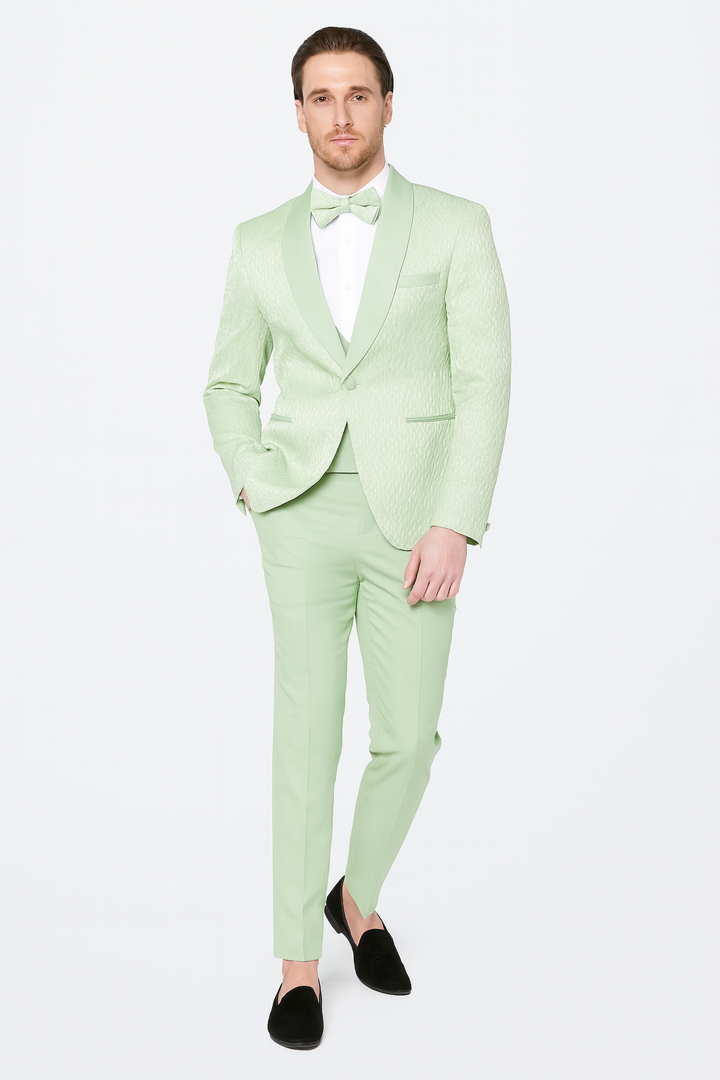 Men’s Mint Green Tuxedo Suit – Slim Fit Shawl Lapel with Matching Bow Tie in Sage Green Color - Light Green 4   - from alligatorwarehouse.com