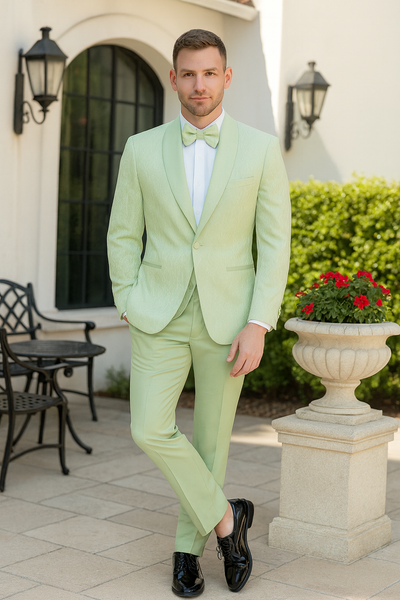 Men’s Mint Green Tuxedo Suit – Slim Fit Shawl Lapel with Matching Bow Tie in Sage Green Color - Light Green 5   - from alligatorwarehouse.com