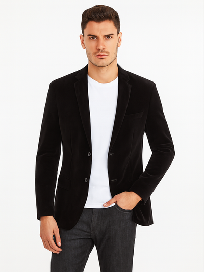 Mens Modern Fit 2 Button Velvet Blazer in Black 1 SO1B-27_BLACK_XS  - from alligatorwarehouse.com