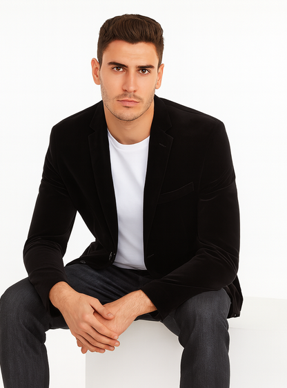 Mens Modern Fit 2 Button Velvet Blazer in Black