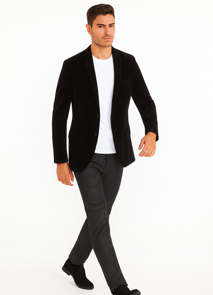Mens Modern Fit 2 Button Velvet Blazer in Black