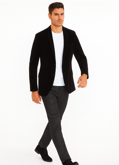 Mens Modern Fit 2 Button Velvet Blazer in Black