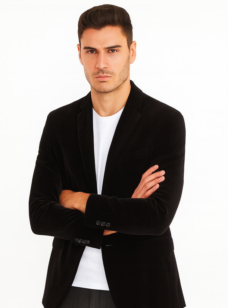 Mens Modern Fit 2 Button Velvet Blazer in Black
