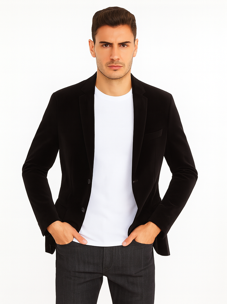 Mens Modern Fit 2 Button Velvet Blazer in Black