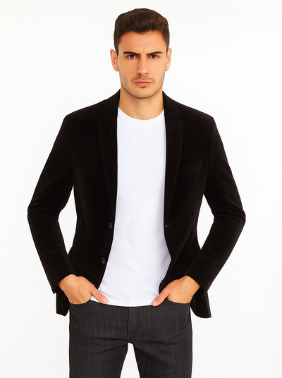 Mens Modern Fit 2 Button Velvet Blazer in Black 7 SO1B-27_BLACK_XS  - from alligatorwarehouse.com
