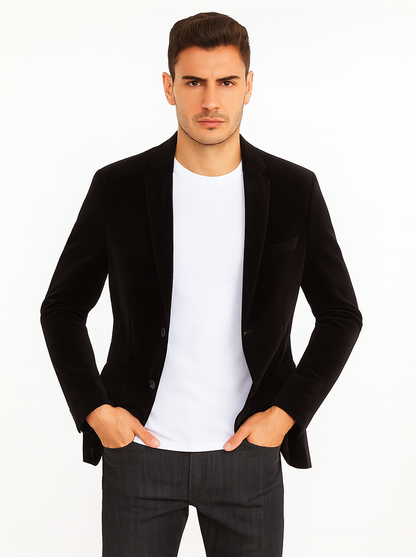 Mens Modern Fit 2 Button Velvet Blazer in Black