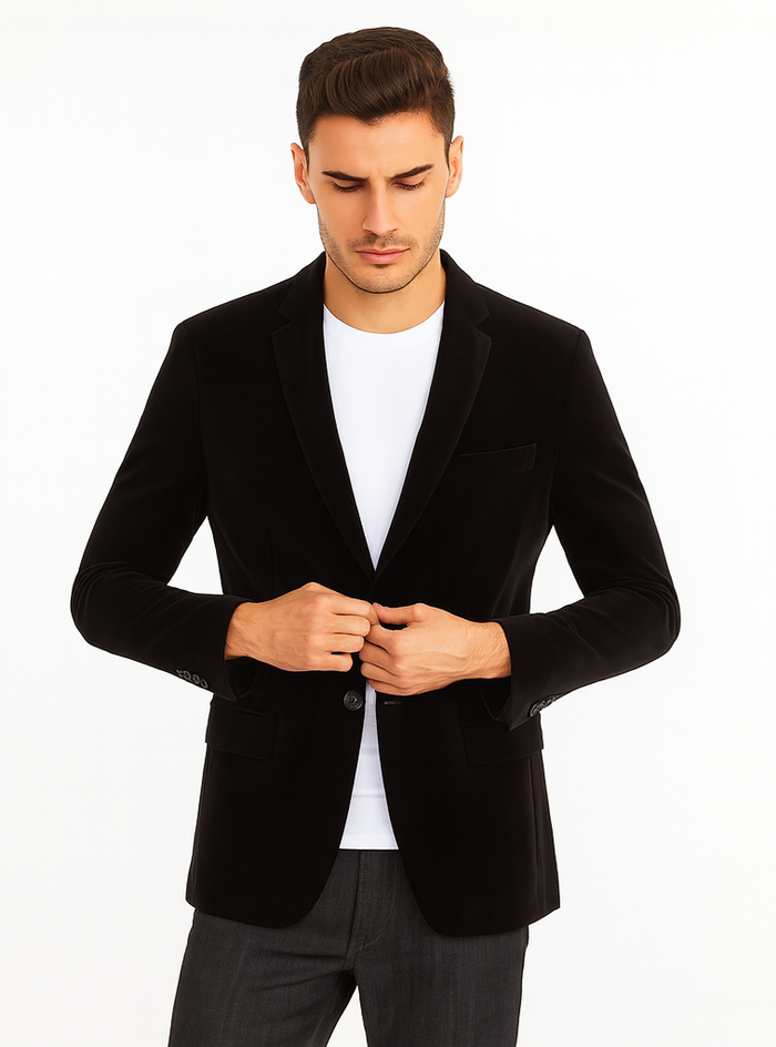 Mens Modern Fit 2 Button Velvet Blazer in Black