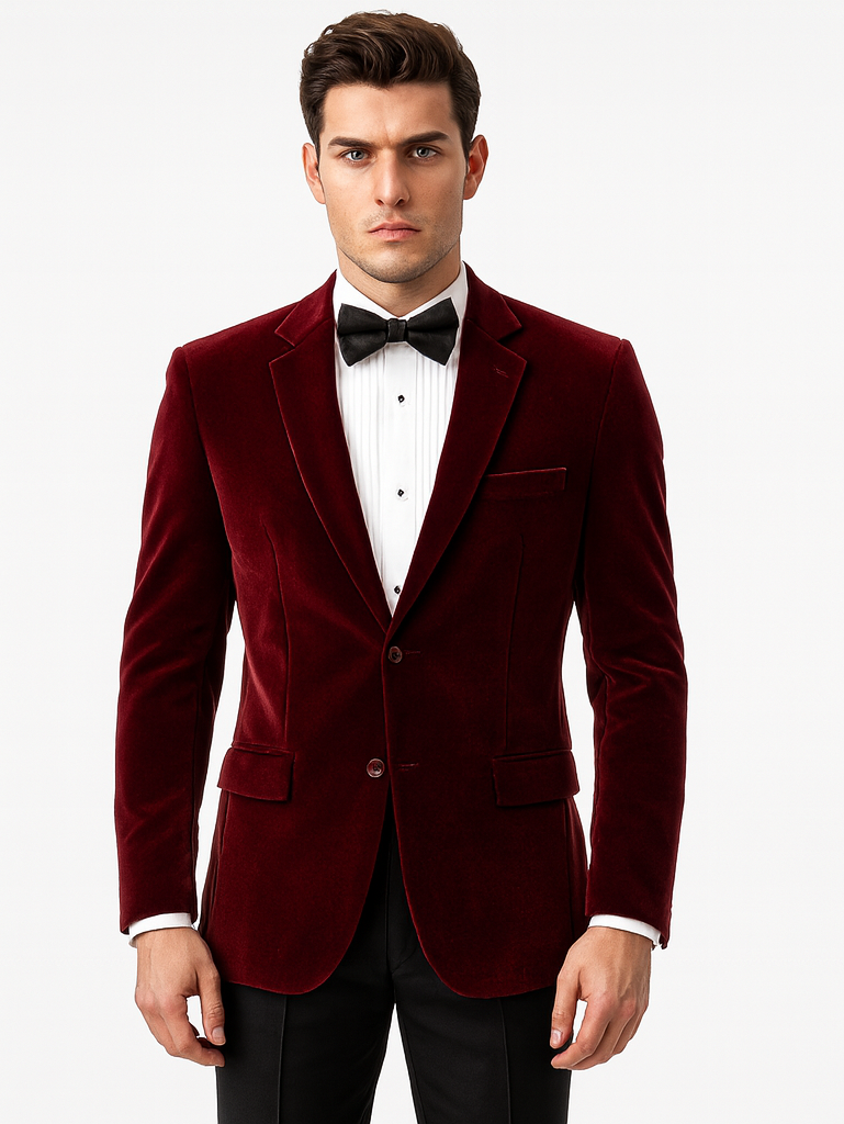 Mens Modern Fit 2 Button Velvet Blazer in Burgundy