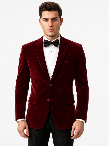 Mens Modern Fit 2 Button Velvet Blazer in Burgundy