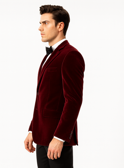 Mens Modern Fit 2 Button Velvet Blazer in Burgundy