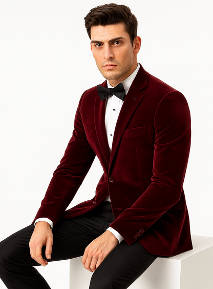 Mens Modern Fit 2 Button Velvet Blazer in Burgundy