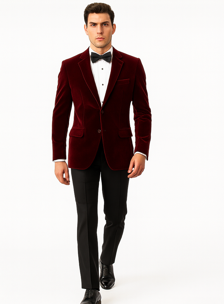 Mens Modern Fit 2 Button Velvet Blazer in Burgundy