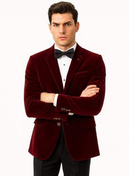 Mens Modern Fit 2 Button Velvet Blazer in Burgundy
