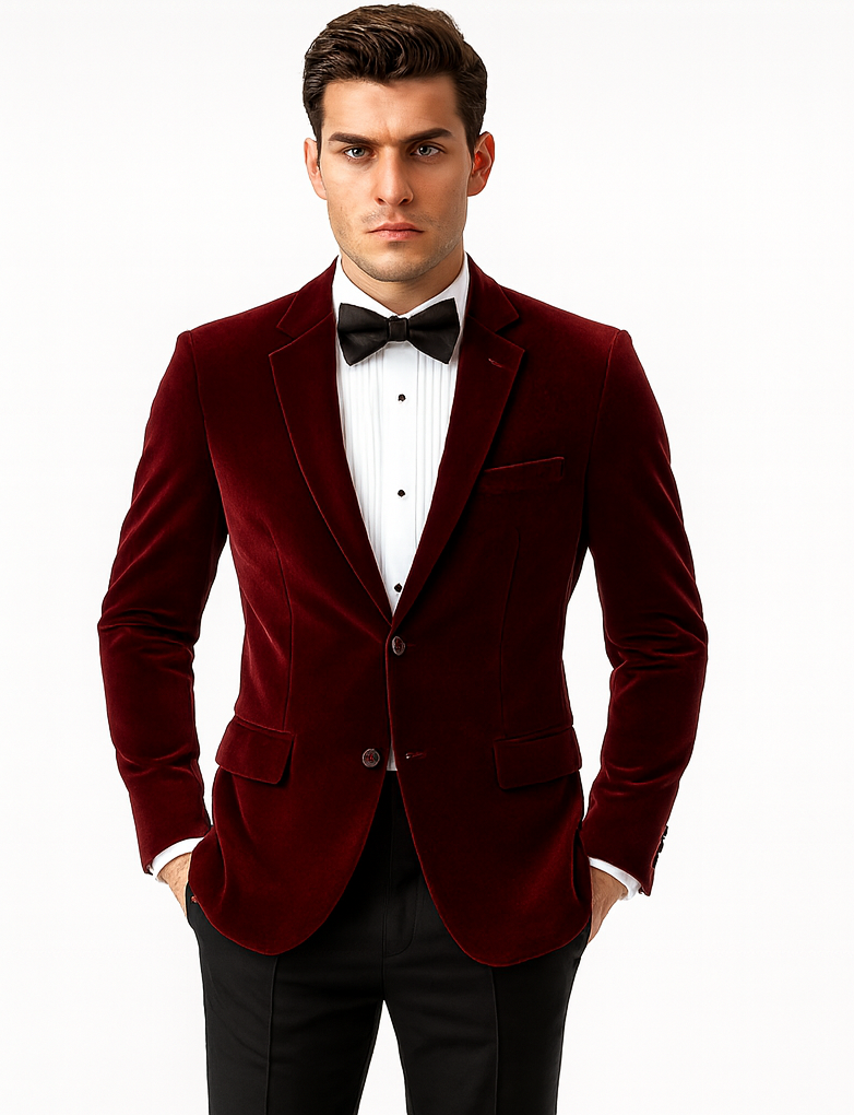 Mens Modern Fit 2 Button Velvet Blazer in Burgundy