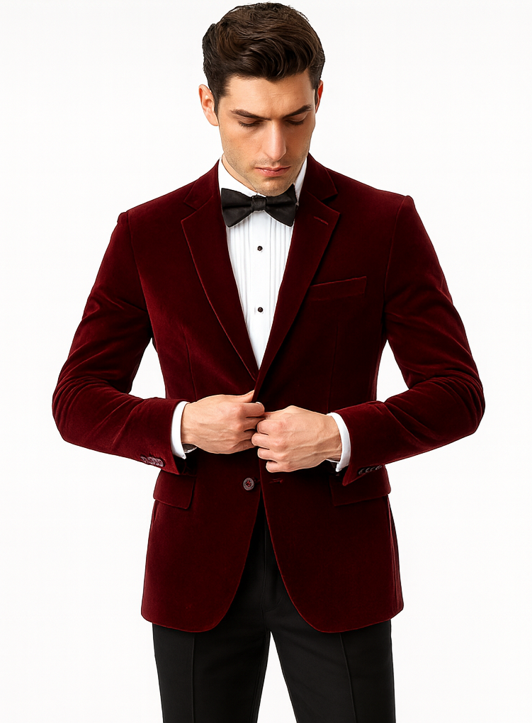 Mens Modern Fit 2 Button Velvet Blazer in Burgundy