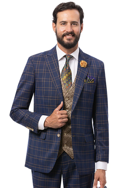 Marc Darcy Wedding Suits Men's Modern Fit Double Windowpane Plaid Suit with Paisley Vest in Navy Blue