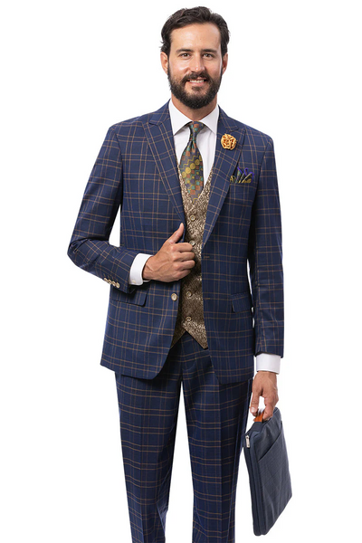 Marc Darcy Wedding Suits Men's Modern Fit Double Windowpane Plaid Suit with Paisley Vest in Navy Blue