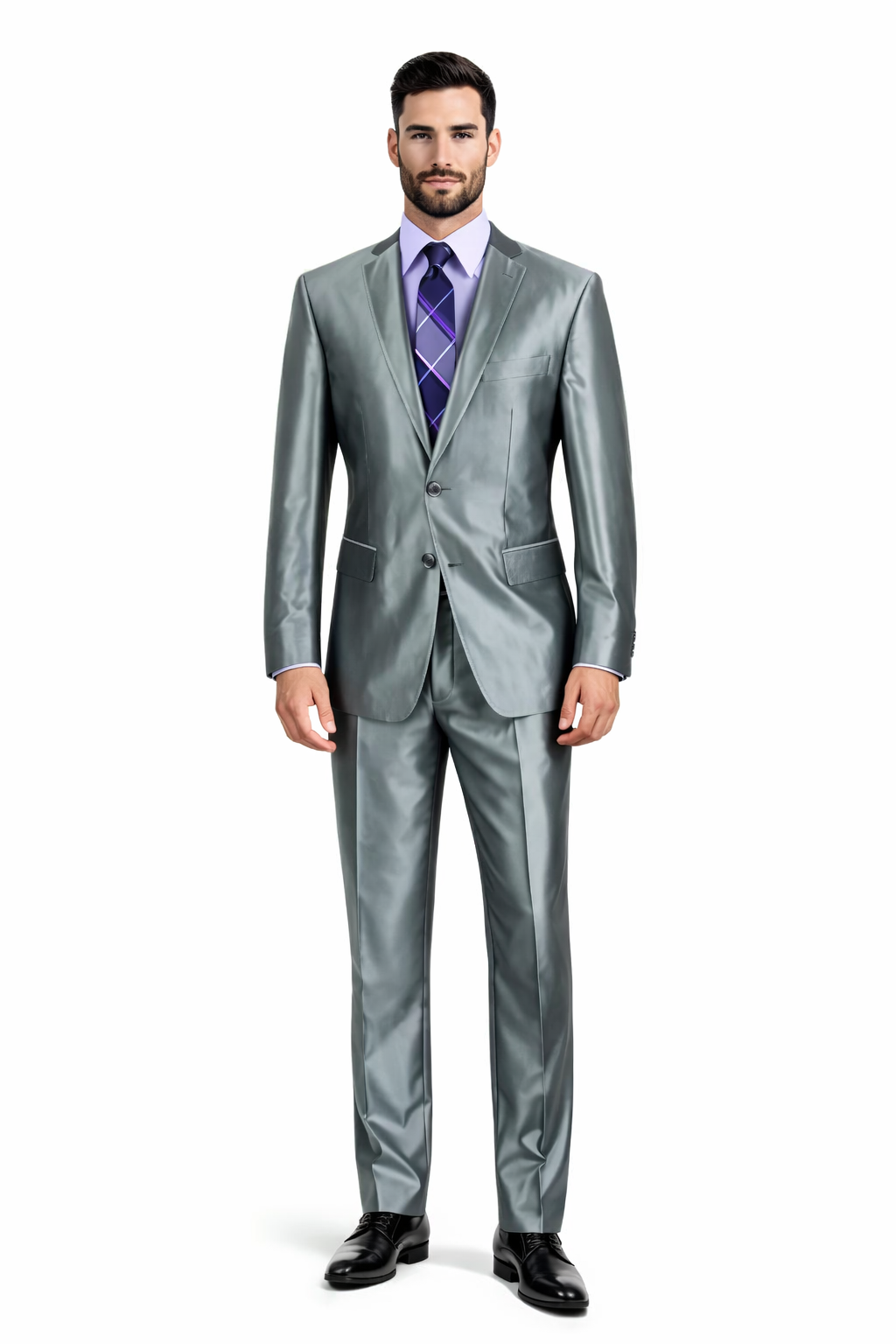 Mens Modern Fit Shiny Sharkskin Suit in Silver Grey