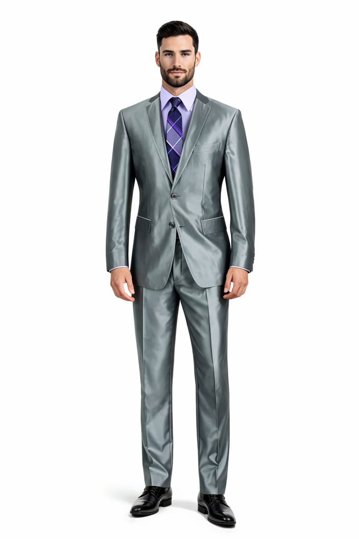 Mens Modern Fit Shiny Sharkskin Suit in Silver Grey