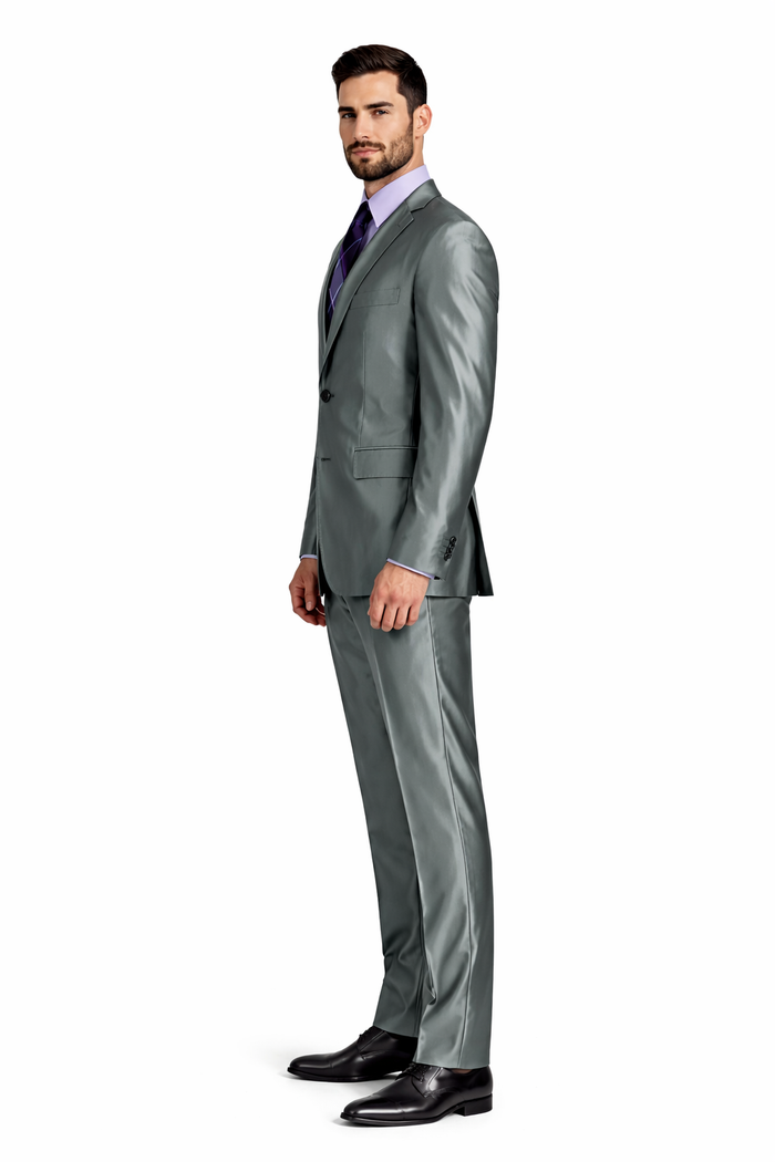 Mens Modern Fit Shiny Sharkskin Suit in Silver Grey