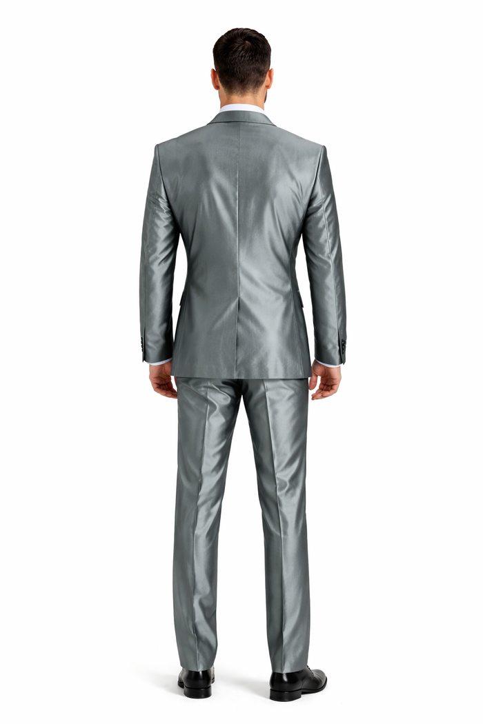 Mens Modern Fit Shiny Sharkskin Suit in Silver Grey