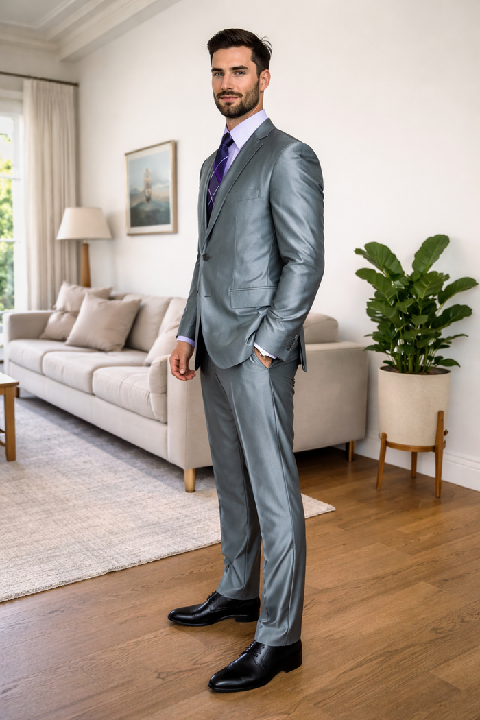 Mens Modern Fit Shiny Sharkskin Suit in Silver Grey