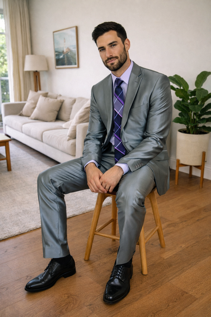 Mens Modern Fit Shiny Sharkskin Suit in Silver Grey