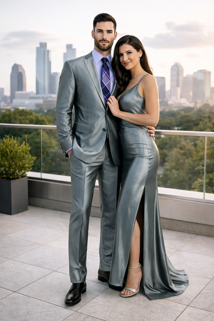 Mens Modern Fit Shiny Sharkskin Suit in Silver Grey