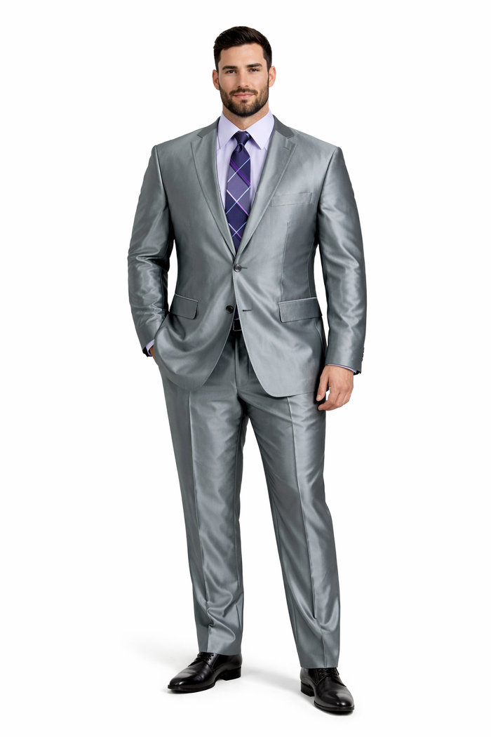 Mens Modern Fit Shiny Sharkskin Suit in Silver Grey