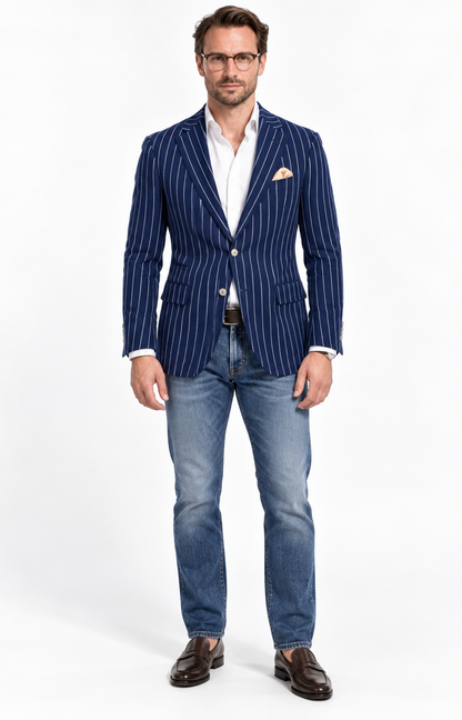 Men's Navy And Bold White Pinstripe Designer Fashion Blazer
