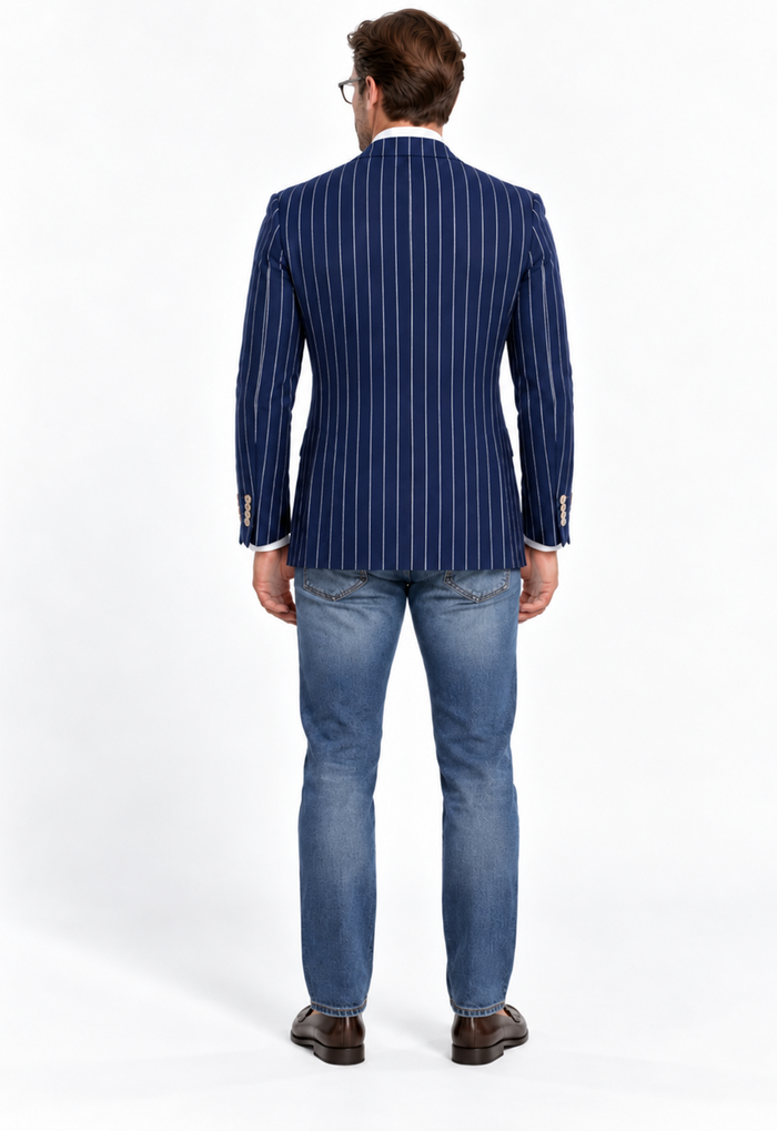 Men's Navy And Bold White Pinstripe Designer Fashion Blazer