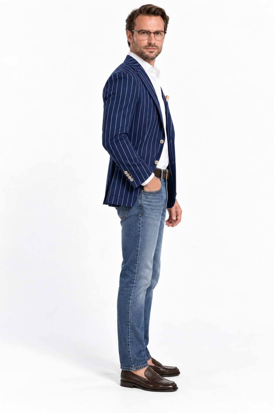 Men's Navy And Bold White Pinstripe Designer Fashion Blazer