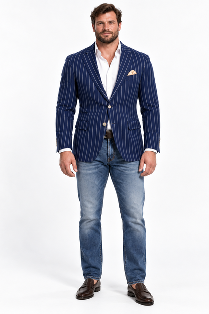Men's Navy And Bold White Pinstripe Designer Fashion Blazer