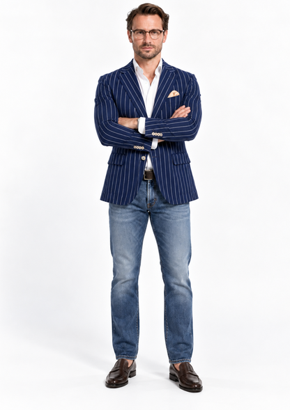 Men's Navy And Bold White Pinstripe Designer Fashion Blazer