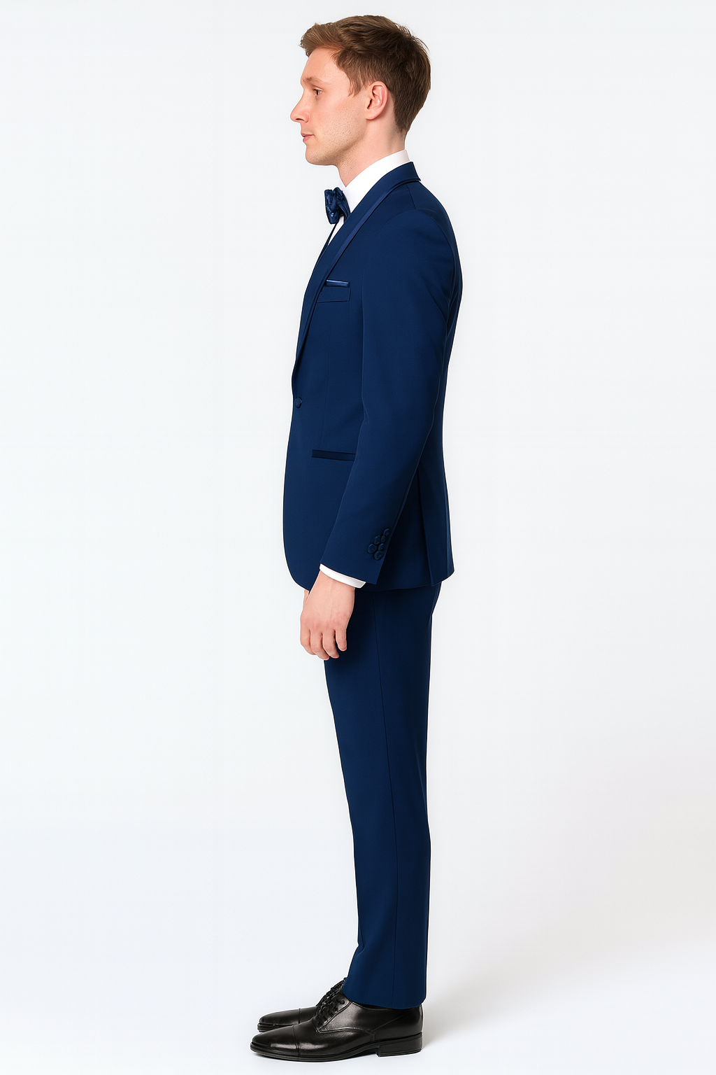 Men’s Navy Blue with Blue Trim Three-Piece Tuxedo with Satin Shawl Lapel and Bow Tie Wedding Suit