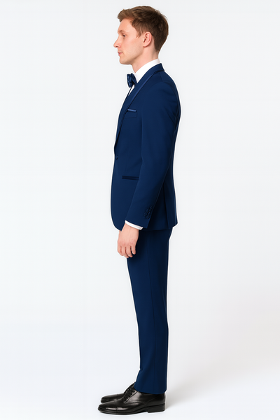Men’s Navy Blue with Blue Trim Three-Piece Tuxedo with Satin Shawl Lapel and Bow Tie Wedding Suit 3   - from alligatorwarehouse.com