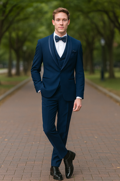 Men’s Navy Blue with Blue Trim Three-Piece Tuxedo with Satin Shawl Lapel and Bow Tie Wedding Suit 4   - from alligatorwarehouse.com