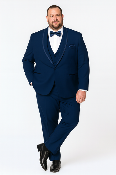 Men’s Navy Blue with Blue Trim Three-Piece Tuxedo with Satin Shawl Lapel and Bow Tie Wedding Suit 5   - from alligatorwarehouse.com