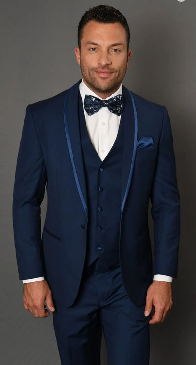 Men’s Navy Blue with Blue Trim Three-Piece Tuxedo with Satin Shawl Lapel and Bow Tie Wedding Suit 6   - from alligatorwarehouse.com