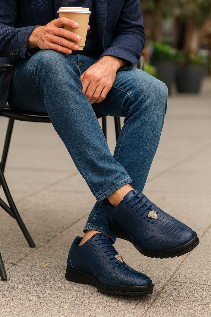 Los Altos Navy Blue Ostrich Leg Lace Up Sneakers
