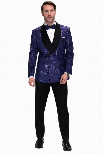 Men’s Navy Floral Jacquard Tuxedo Jacket – Double Breasted Blazer with Black Shawl Lapel 2   - from alligatorwarehouse.com