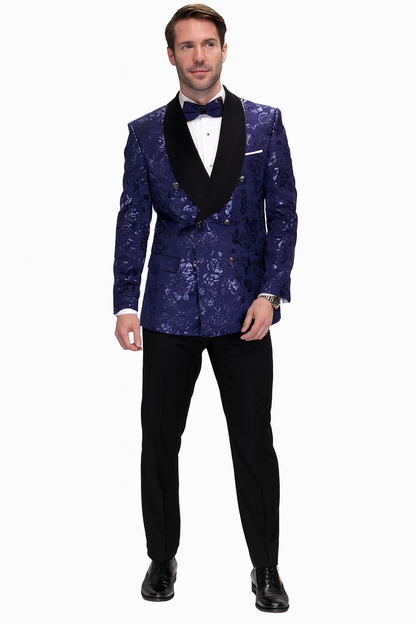 Men’s Navy Floral Jacquard Tuxedo Jacket – Double Breasted Blazer with Black Shawl Lapel