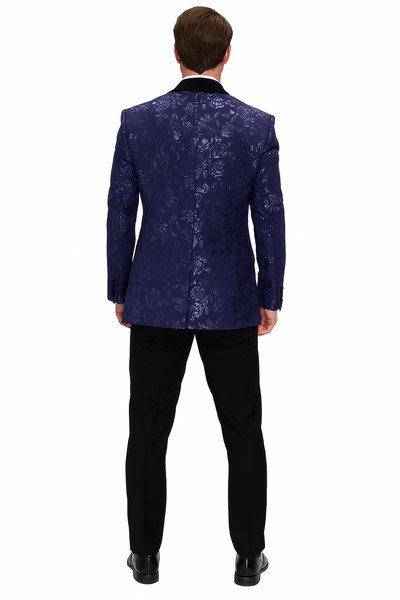 Men’s Navy Floral Jacquard Tuxedo Jacket – Double Breasted Blazer with Black Shawl Lapel 3   - from alligatorwarehouse.com