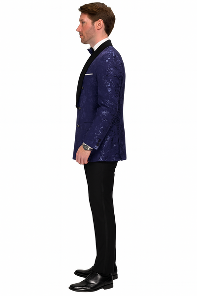 Men’s Navy Floral Jacquard Tuxedo Jacket – Double Breasted Blazer with Black Shawl Lapel 4   - from alligatorwarehouse.com