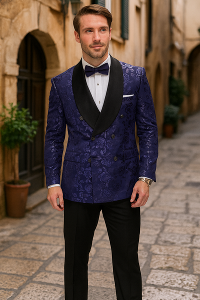 Men’s Navy Floral Jacquard Tuxedo Jacket – Double Breasted Blazer with Black Shawl Lapel 5   - from alligatorwarehouse.com