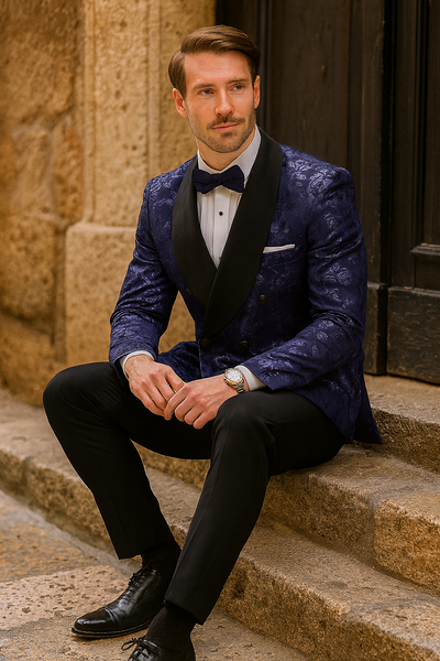 Men’s Navy Floral Jacquard Tuxedo Jacket – Double Breasted Blazer with Black Shawl Lapel 6   - from alligatorwarehouse.com