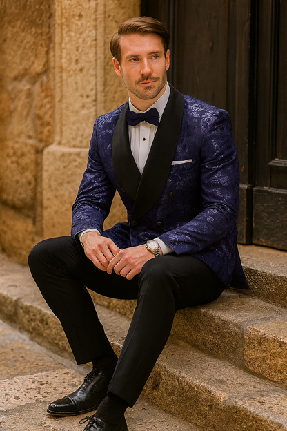 Men’s Navy Floral Jacquard Tuxedo Jacket – Double Breasted Blazer with Black Shawl Lapel