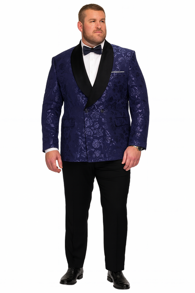 Men’s Navy Floral Jacquard Tuxedo Jacket – Double Breasted Blazer with Black Shawl Lapel 7   - from alligatorwarehouse.com