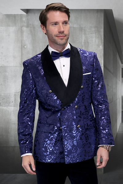 Men’s Navy Floral Jacquard Tuxedo Jacket – Double Breasted Blazer with Black Shawl Lapel 1   - from alligatorwarehouse.com