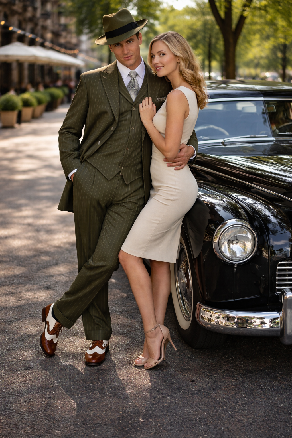 Mens Olive Green Pinstripe Zoot Suit – 1920s Gangster Vintage 3-Piece Suit for Formal and Themed Events